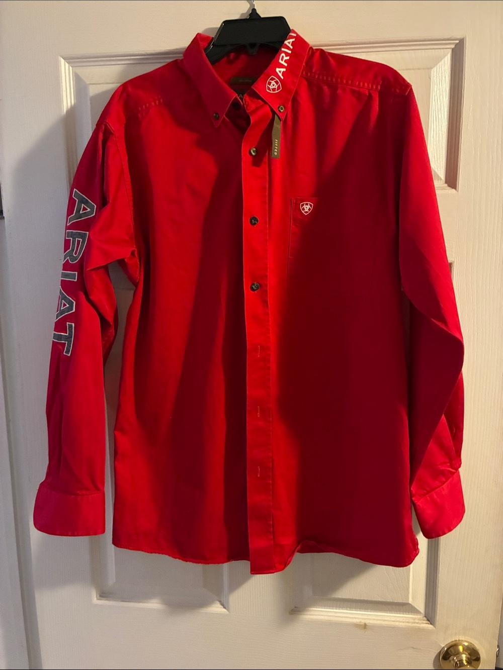 Ariat Red Long-Sleeve Button-Down Shirt with Sleeve Branding